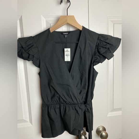 EXPRESS Black Ruffle Wrap Shirt XS - Picture 8 of 8
